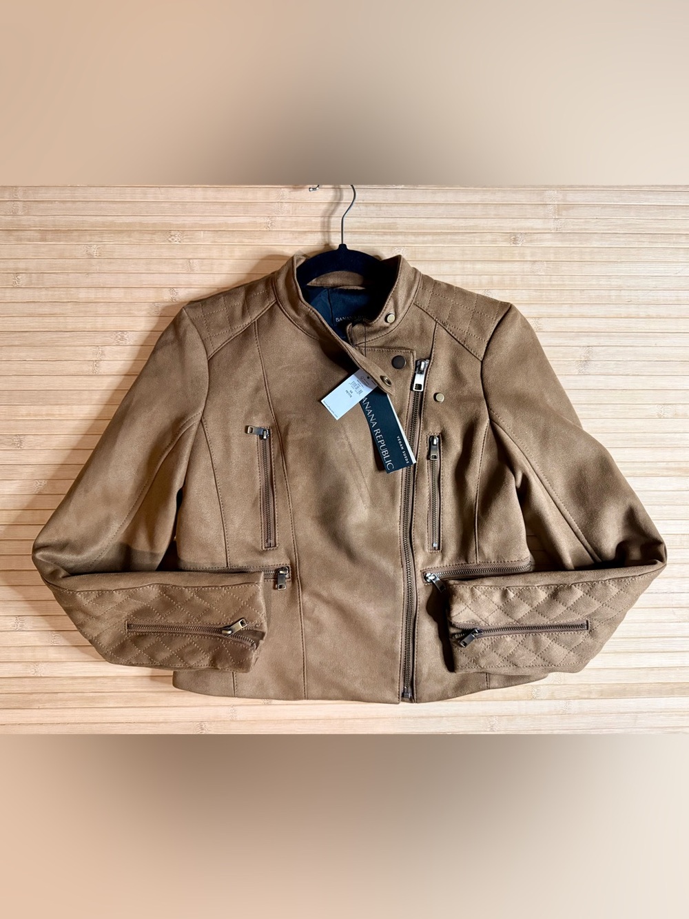 Banana Republic Vegan Suede Quilted Biker Moto Jacket Canyon Brown XS Petite NWT